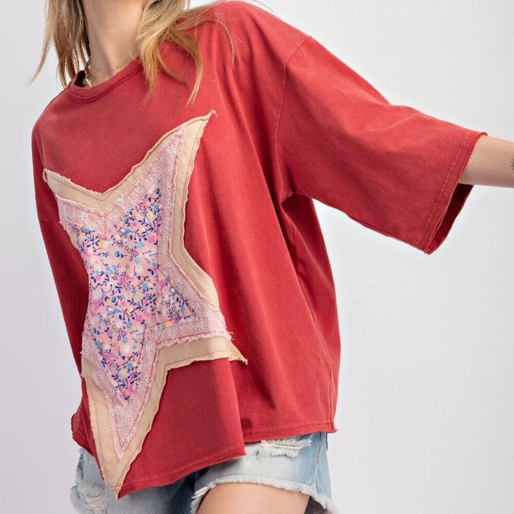 P1-0129 *Boutique* Easel Star Patch Oversized Mineral Washed Cotton Top